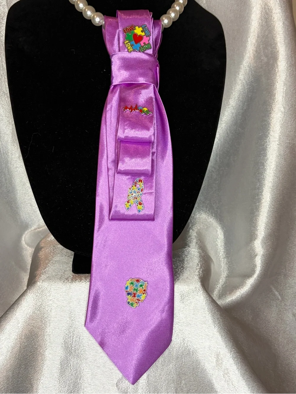 Womens Satin Purple Decorative Tie with Puzzle Ribbon Pins for Autism Awareness